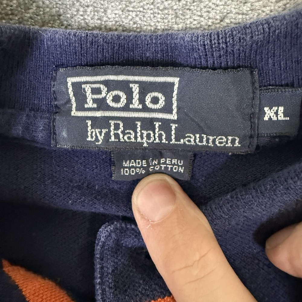 Polo Ralph Lauren Mens XL Polo Shirt Navy Blue‎ Orange Striped Short Sleeve Golf - Picture 9 of 13